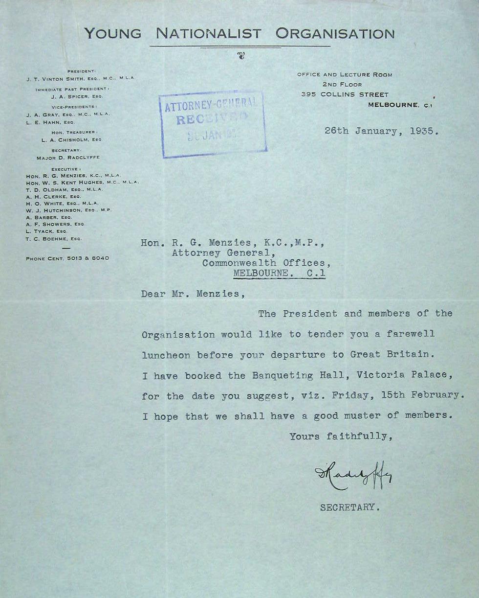 A document regarding the Young Nationalists farewelling Robert Menzies when he went to London in 1935.
