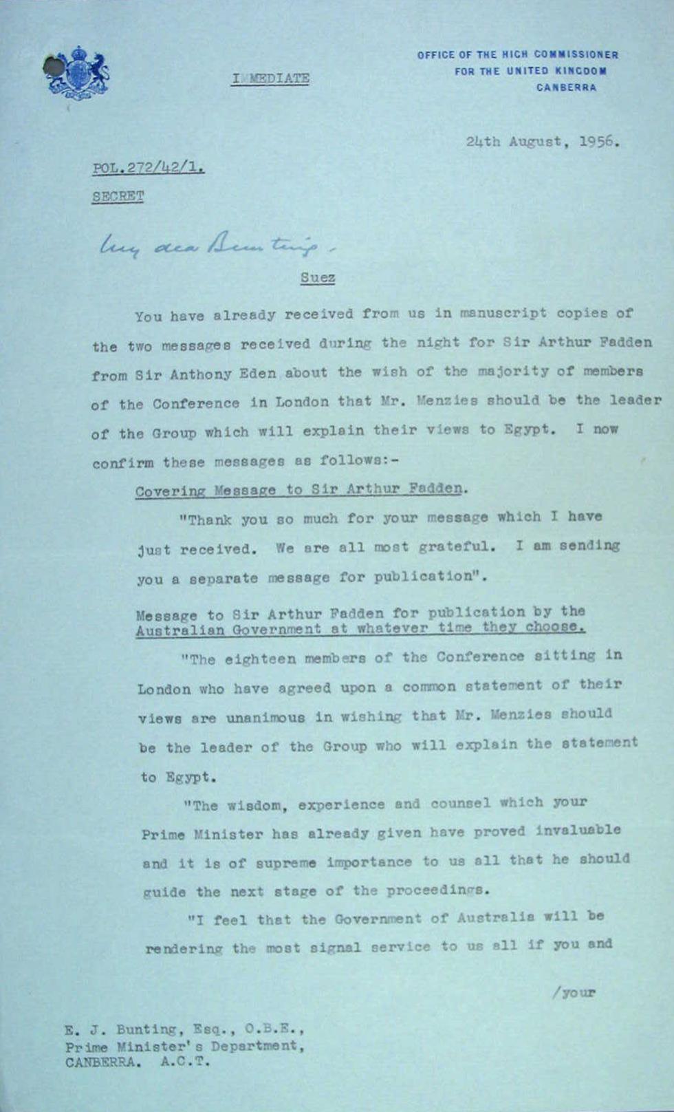 A document regarding Robert Menzies chairing the Suez Canal Committee, to present a case for United Nations control of the Canal, to the Egyptian government.