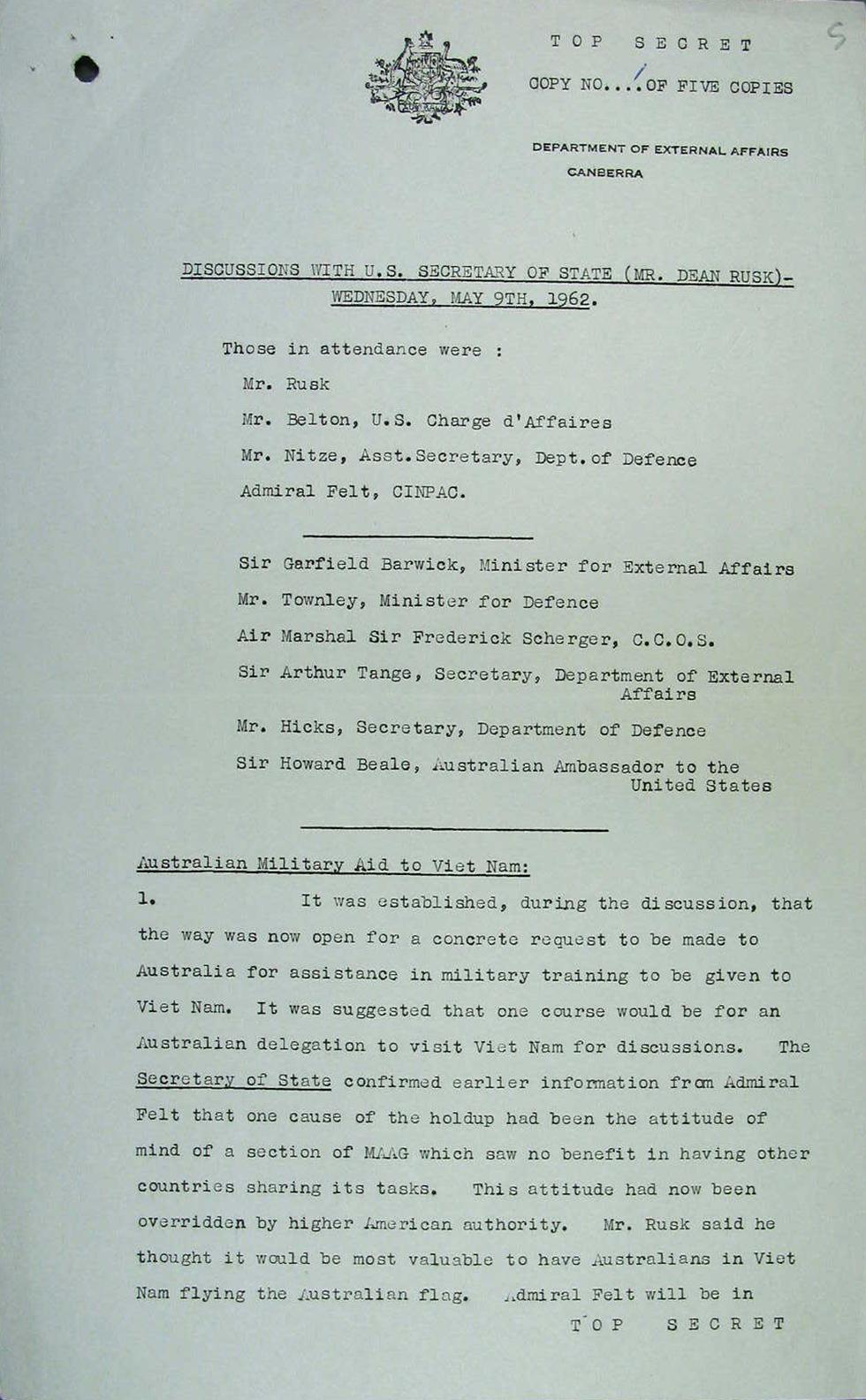 A document written by the Menzies government, announcing its intention to send military advisers to South Vietnam in May 1962.
