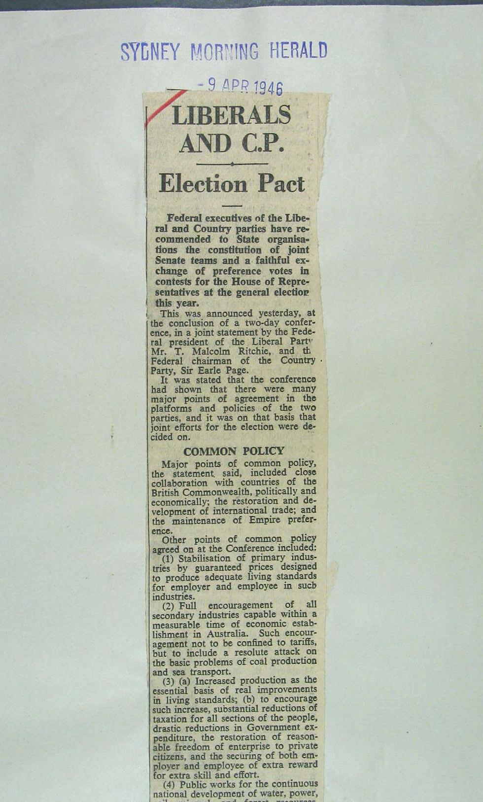 A newspaper clipping from the Sydney Morning Herald, regarding Robert Menzies' enduring coalition with the Country Party, in the Liberal Party's first election campaign.