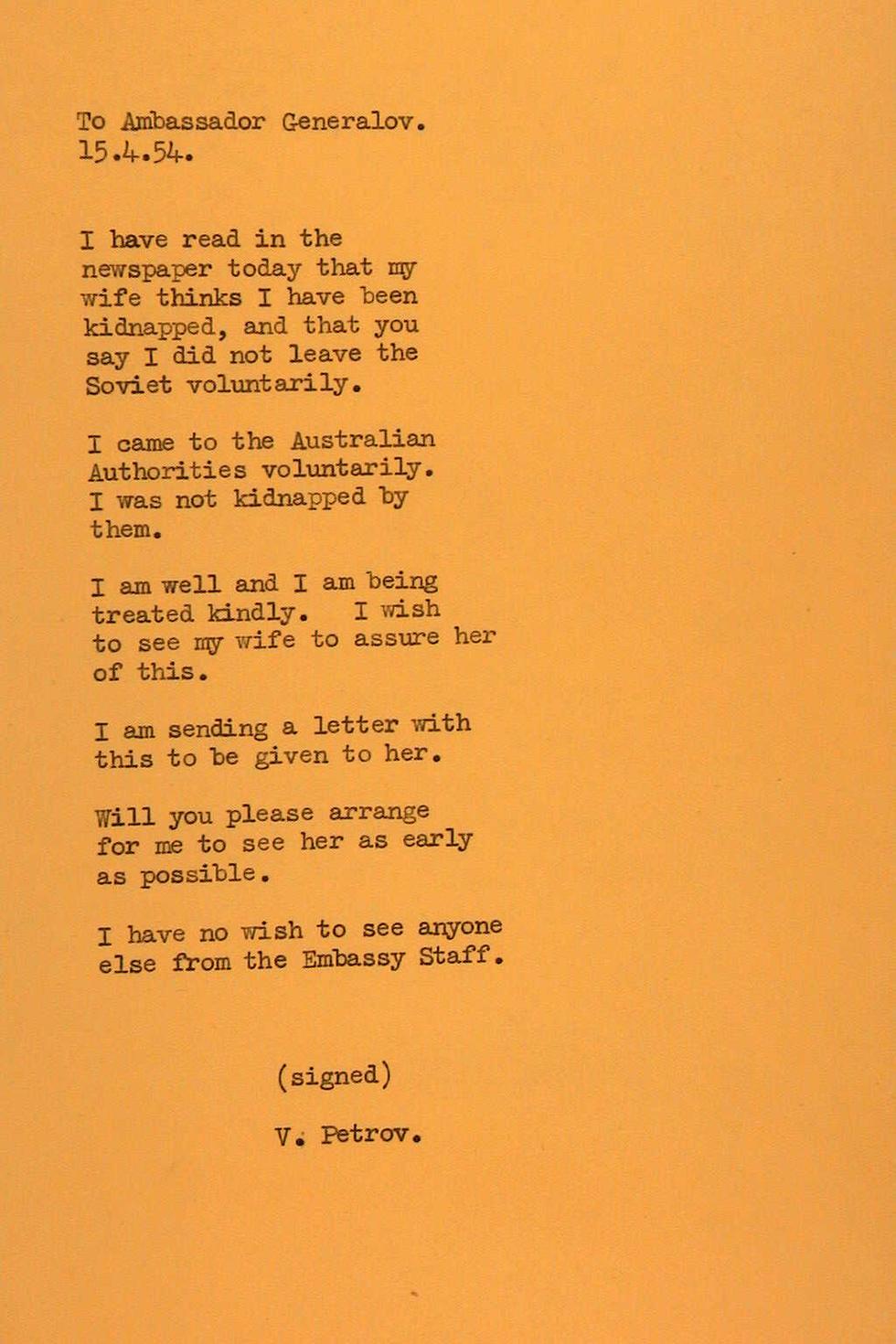 A document regarding Soviet Embassy officials Vladimir and Evdokia Petrov's defection to Australia in April 1954.