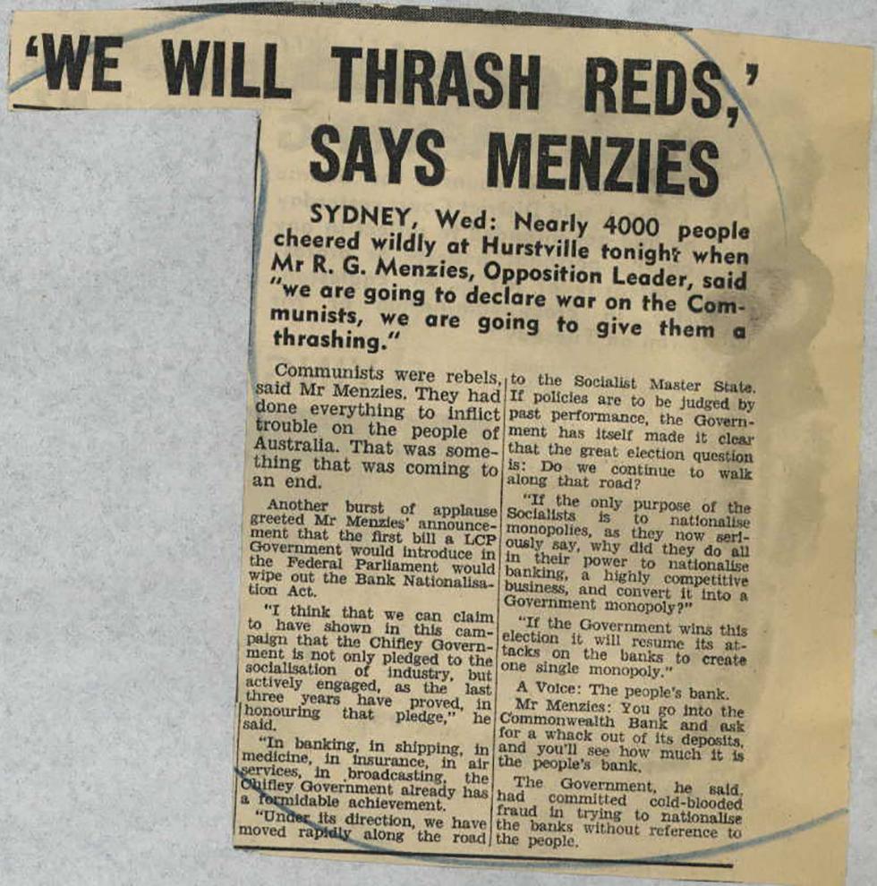A newspaper clipping, regarding Robert Menzies' Liberal-Country Party Coalition win in 1949, championing the anti-Communist cause.