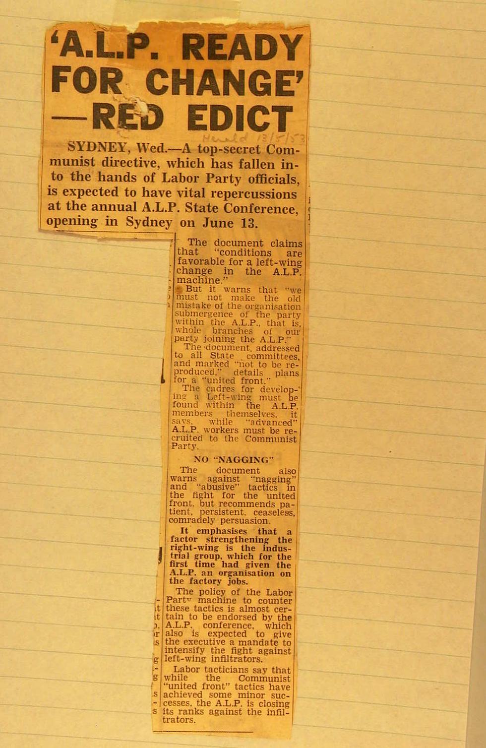 Herald report on Communist plans to unite with the Australian Labor Party, taken from an ASIO file, May 1953. NAA: A6122, 447, p. 38