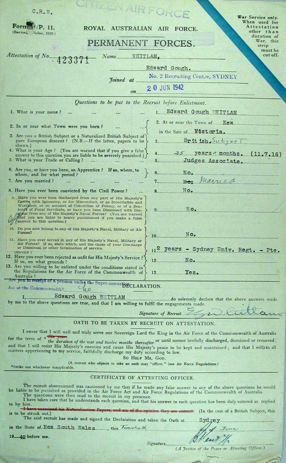 Gough Whitlam’s attestation paper from his RAAF officer personnel file. NAA: A9300, Whitlam E G, p. 20
