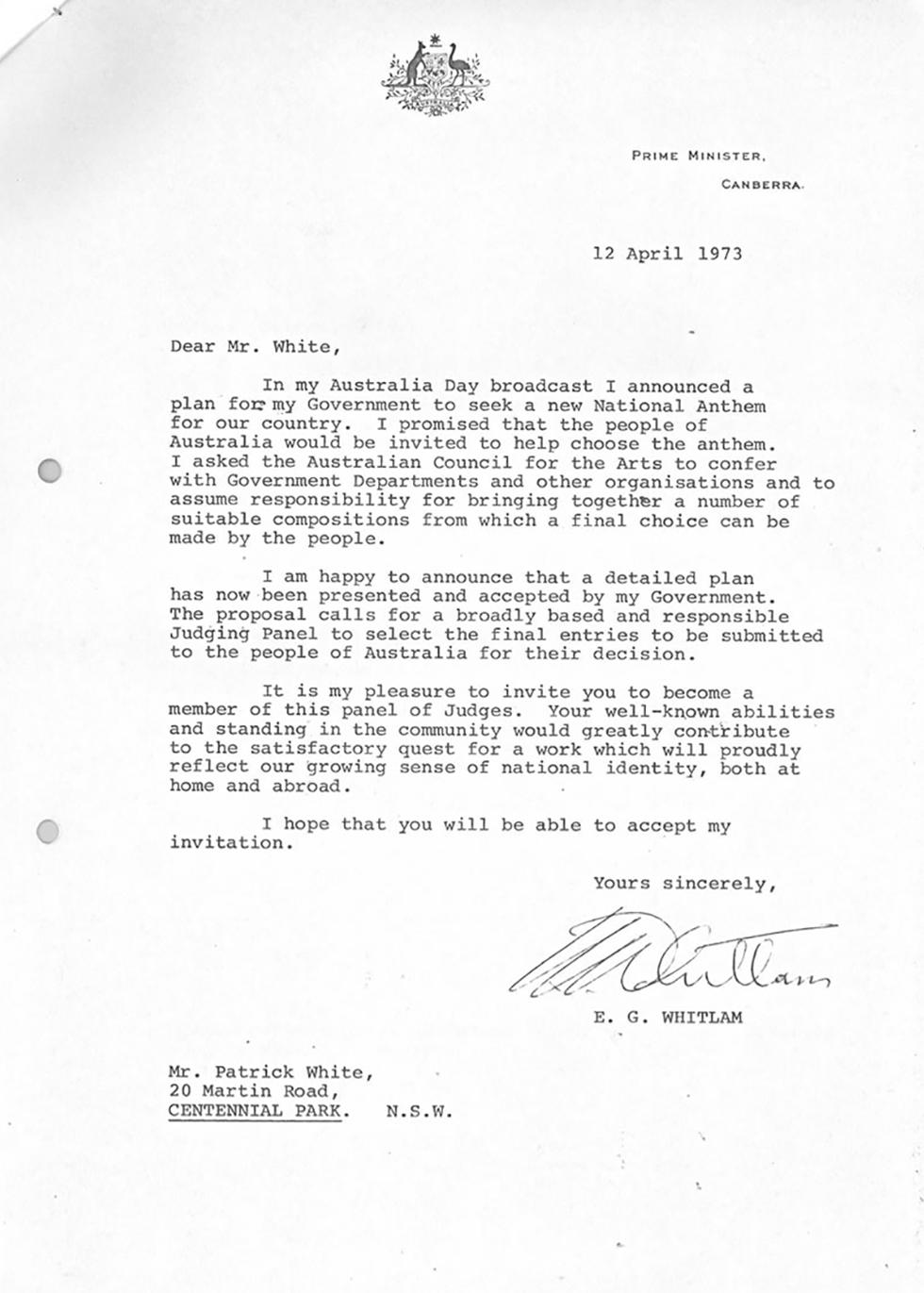 Letters from Gough Whitlam to Patrick White, Kath Walker, Manning Clark and David Williamson asking them to help choose the new national anthem, April 1973. NAA: M501, 3