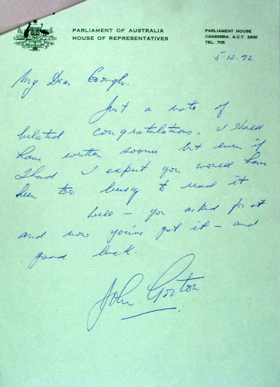 Note of congratulations from John Gorton to Gough Whitlam on winning the 1972 election. NAA: M503, 20084
