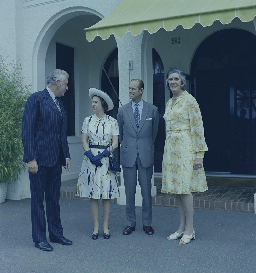 Prime Minister Gough Whitlam and Margaret Whitlam with Queen Elizabeth II and Prince Philip at The Lodge, 19 October 1973. NAA: A8746, KN30/10/73/62