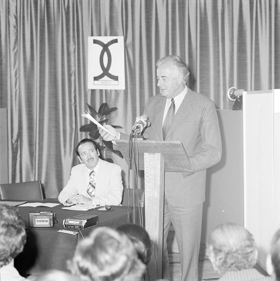 Al Grassby, the first Commissioner for Community Relations, with Gough Whitlam at the proclamation of the Racial Discrimination Act 1975. NAA: A6180, 4/11/75/23
