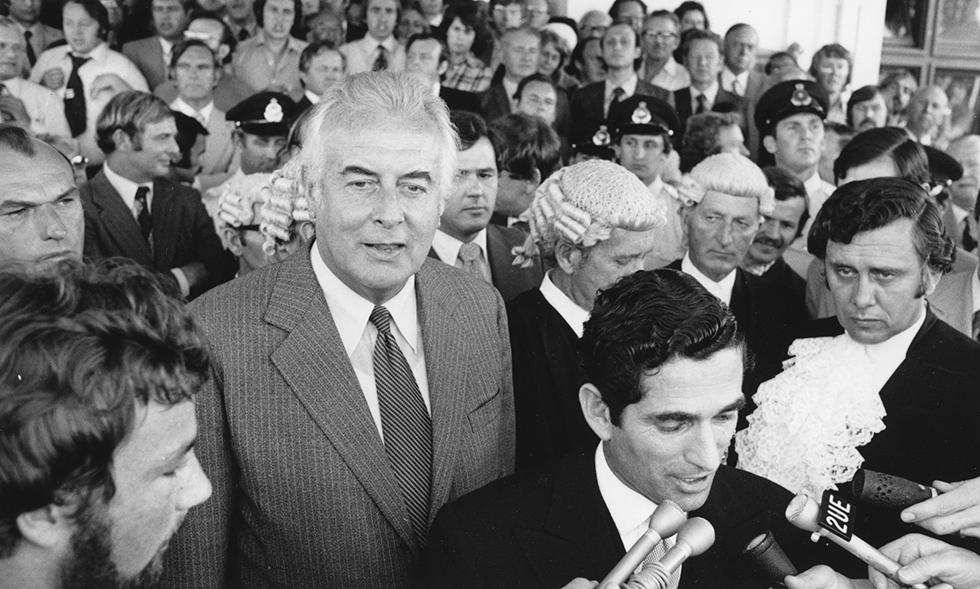 Gough Whitlam on the steps of Parliament House as the proclamation dissolving both houses of parliament is read, 11 November 1975. NAA: A6180, 13/11/75/33