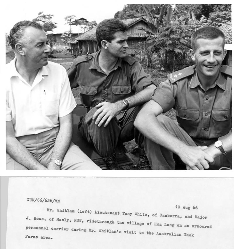 Gough Whitlam with Lieutenant White and Major Rowe in Hoa Long village, Vietnam, August 1966. NAA: M155, B8