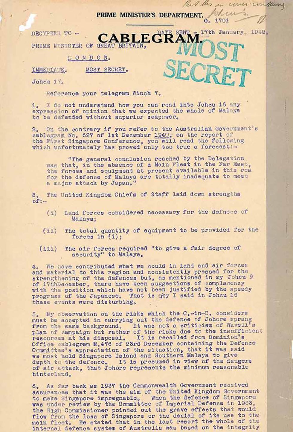 Page 1 of a cablegram from Prime Minister John Curtin to UK Prime Minister Winston Churchill.