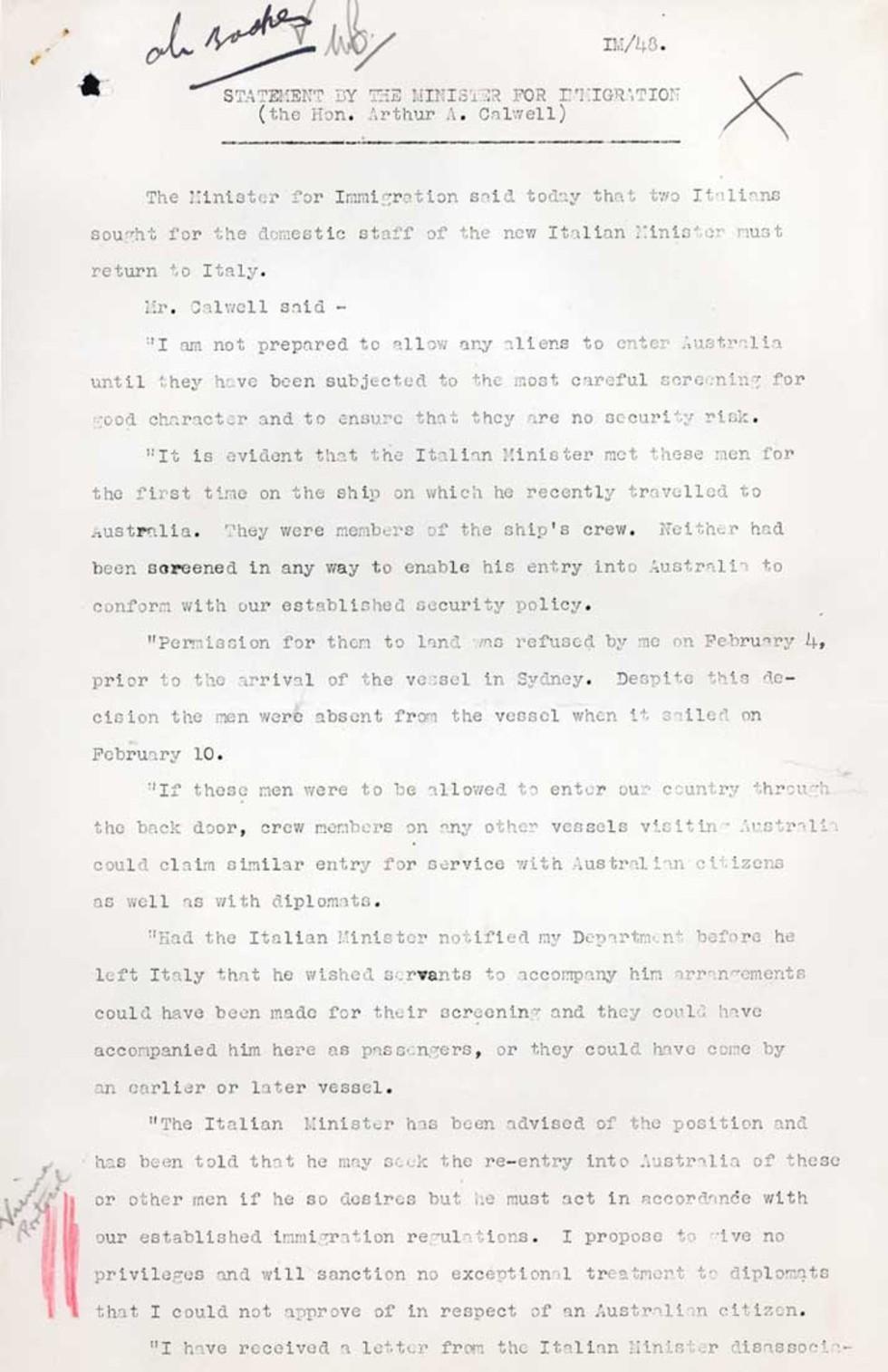 Statement by Minister for Immigration Arthur Calwell in 1949, about the deportation of an Italian diplomats' staff, page 1.