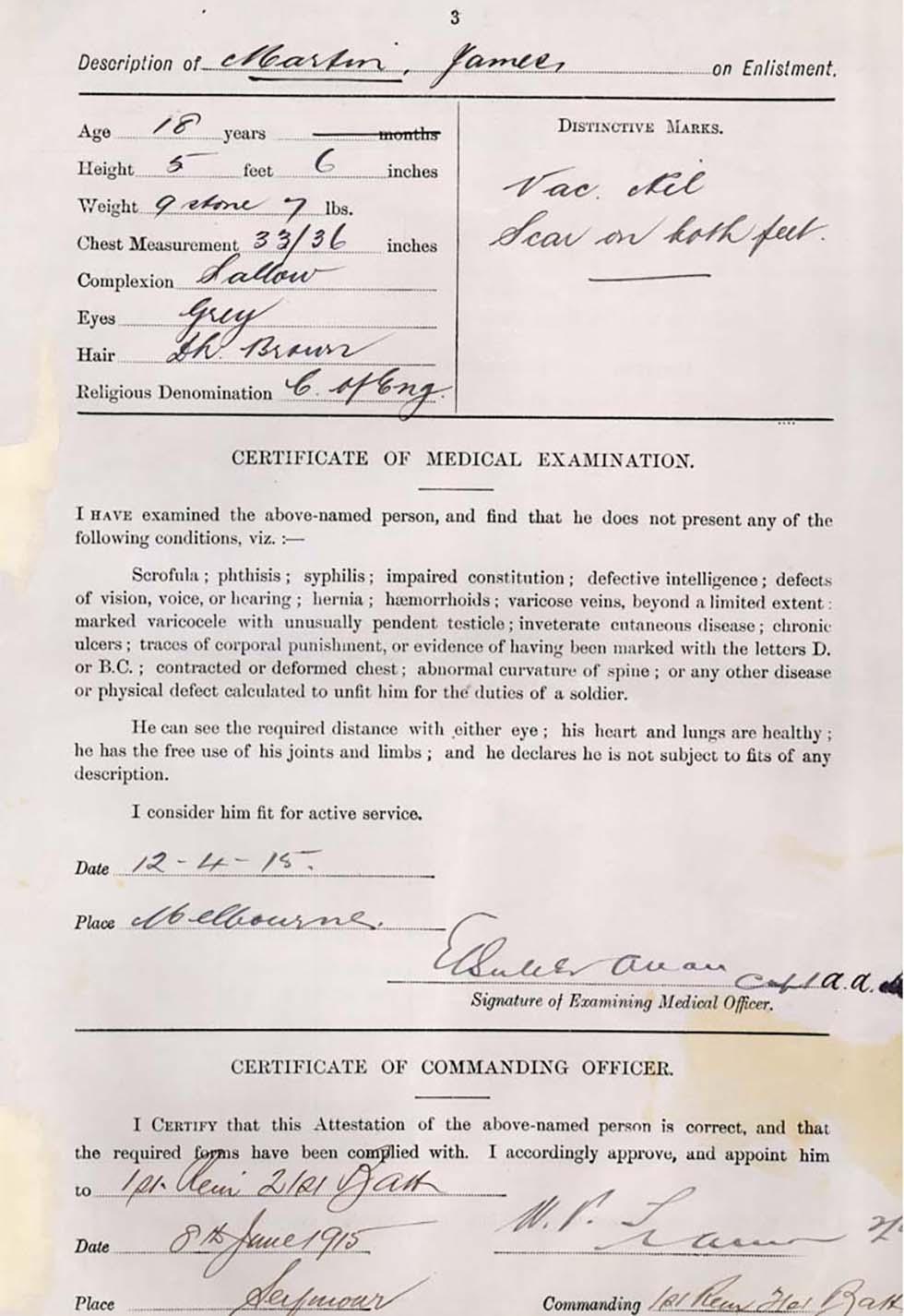 Certificate of medical examination declaring James Martin fit for active service in the Australian Imperial Force