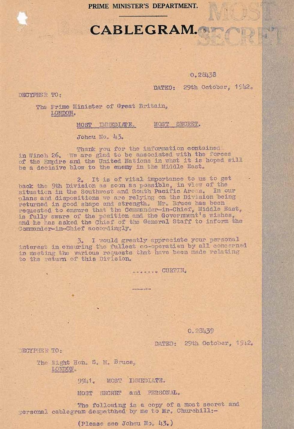 John Curtin's cablegram to Winston Churchill requesting the return to Australia of the 9th Division of the AIF.