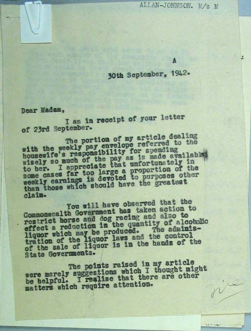 Elsie Curtin’s reply on 30 September 1942 to a correspondent taking her to task over her advice for household austerity.
