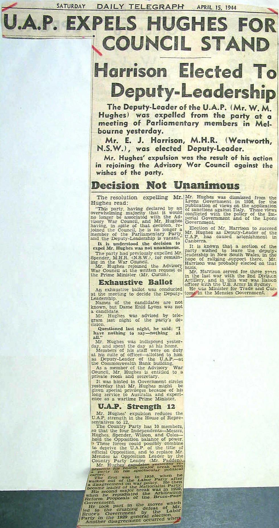 Newspaper clipping headed 'U.A.P expels Hughes for Council stand', sub header 'Harrison Elected To Deputy Leadership.'