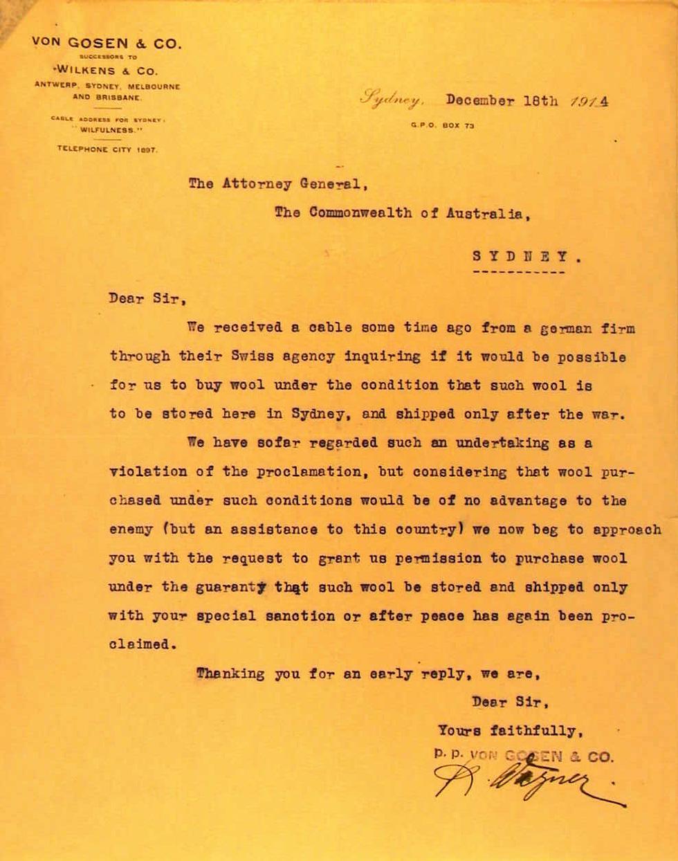 Letter from Von Gosen & Co to W. M. Hughes about sale of wool to Germany.