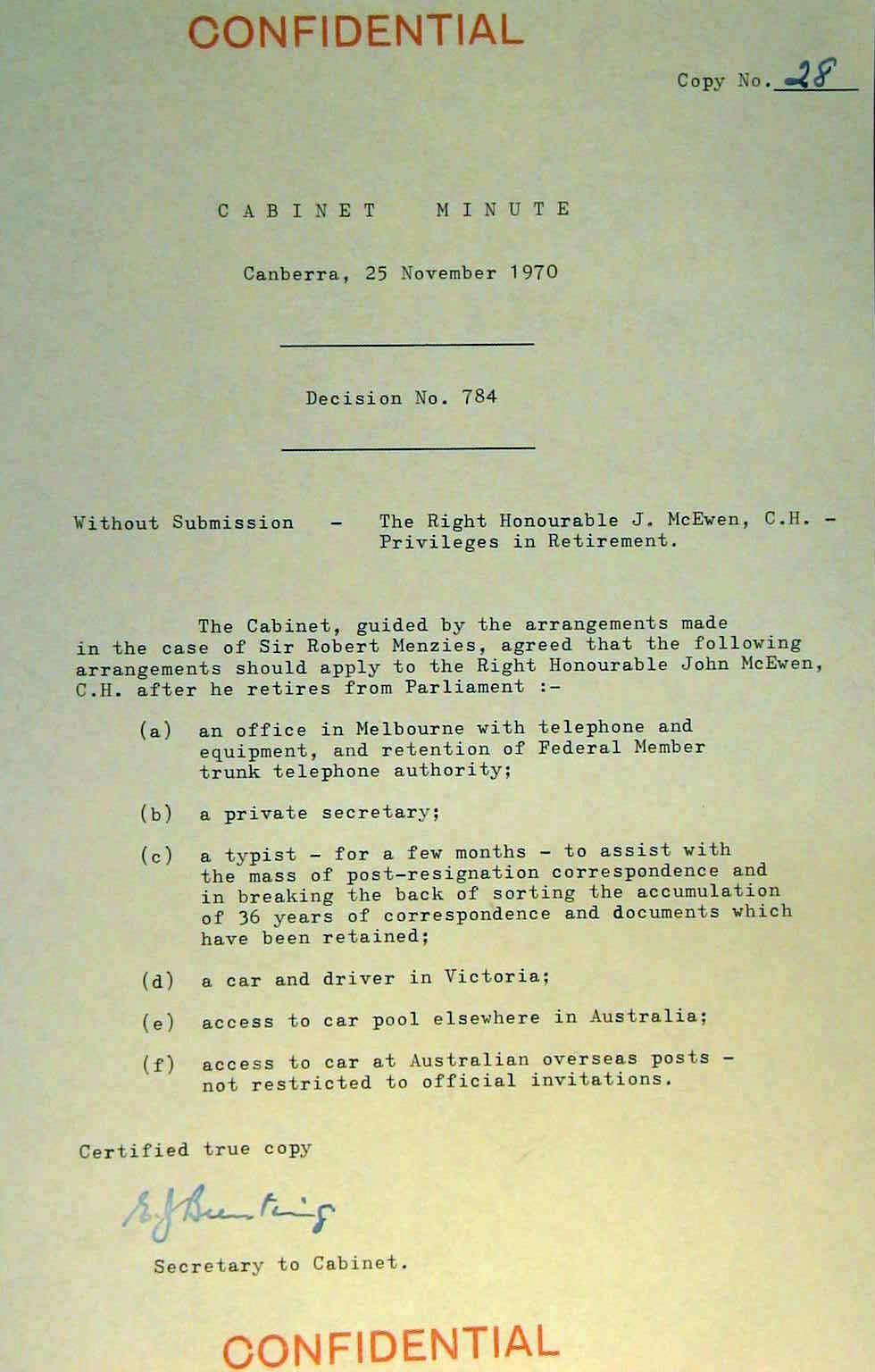 Cabinet minute providing the retiring John McEwen with an office and a typist.