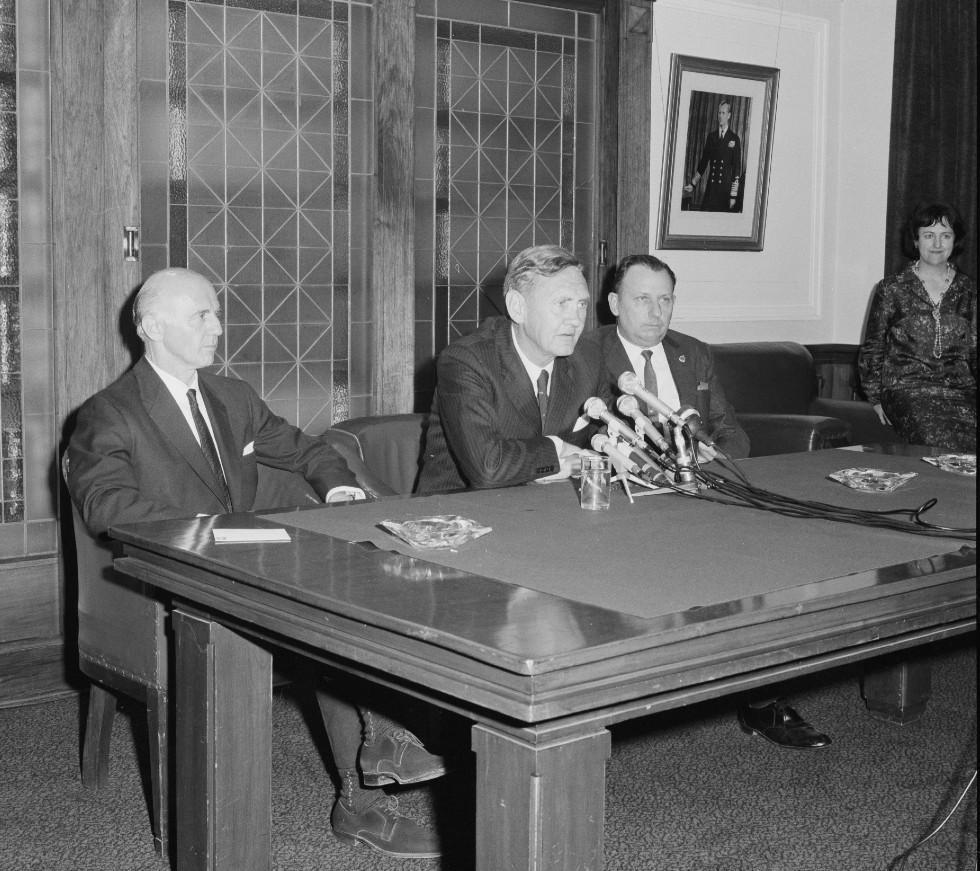 William McMahon, John Gorton and Dudley Erwin at a press conference after Gorton's election as Liberal Party leader.