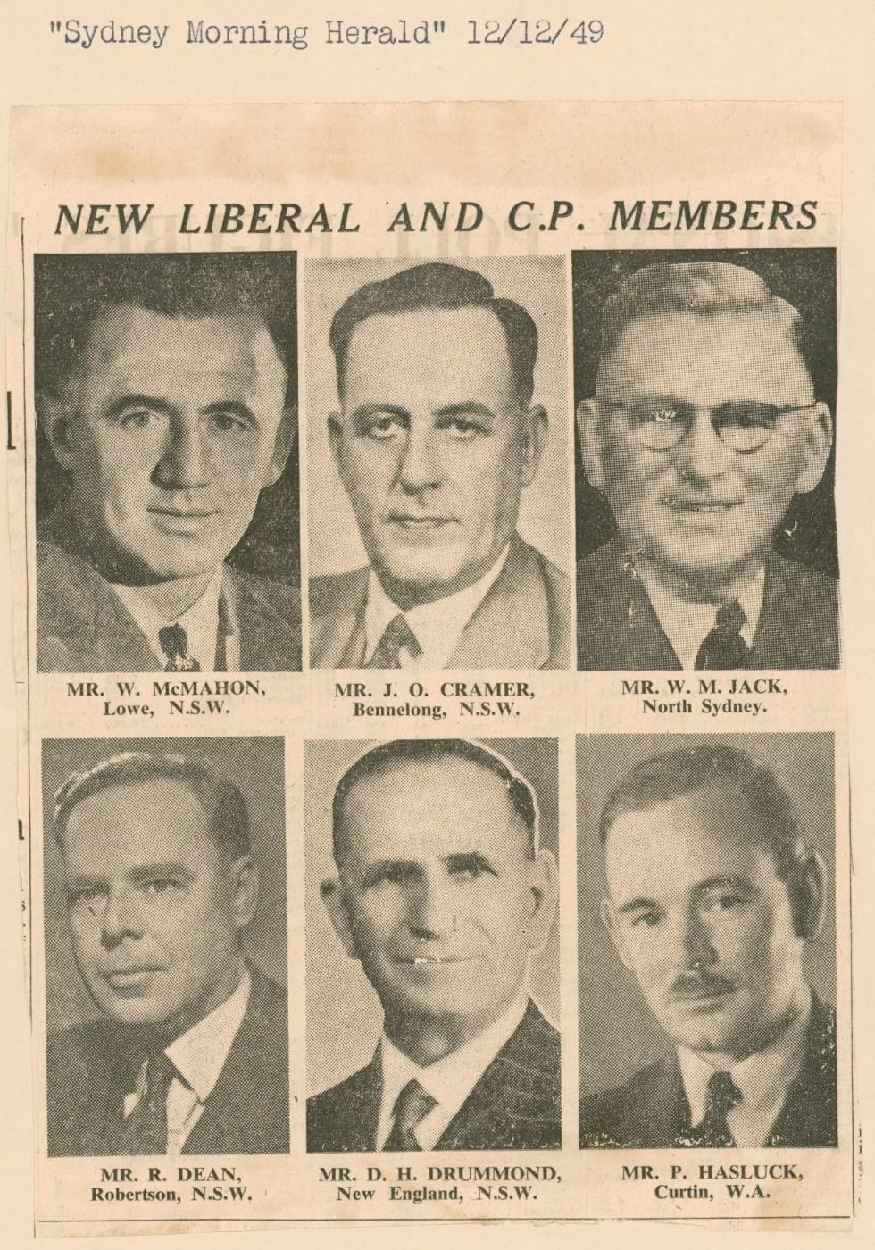 Newspaper clipping headed 'New Liberal and C.P. Members' with 6 portrait photos of new members.