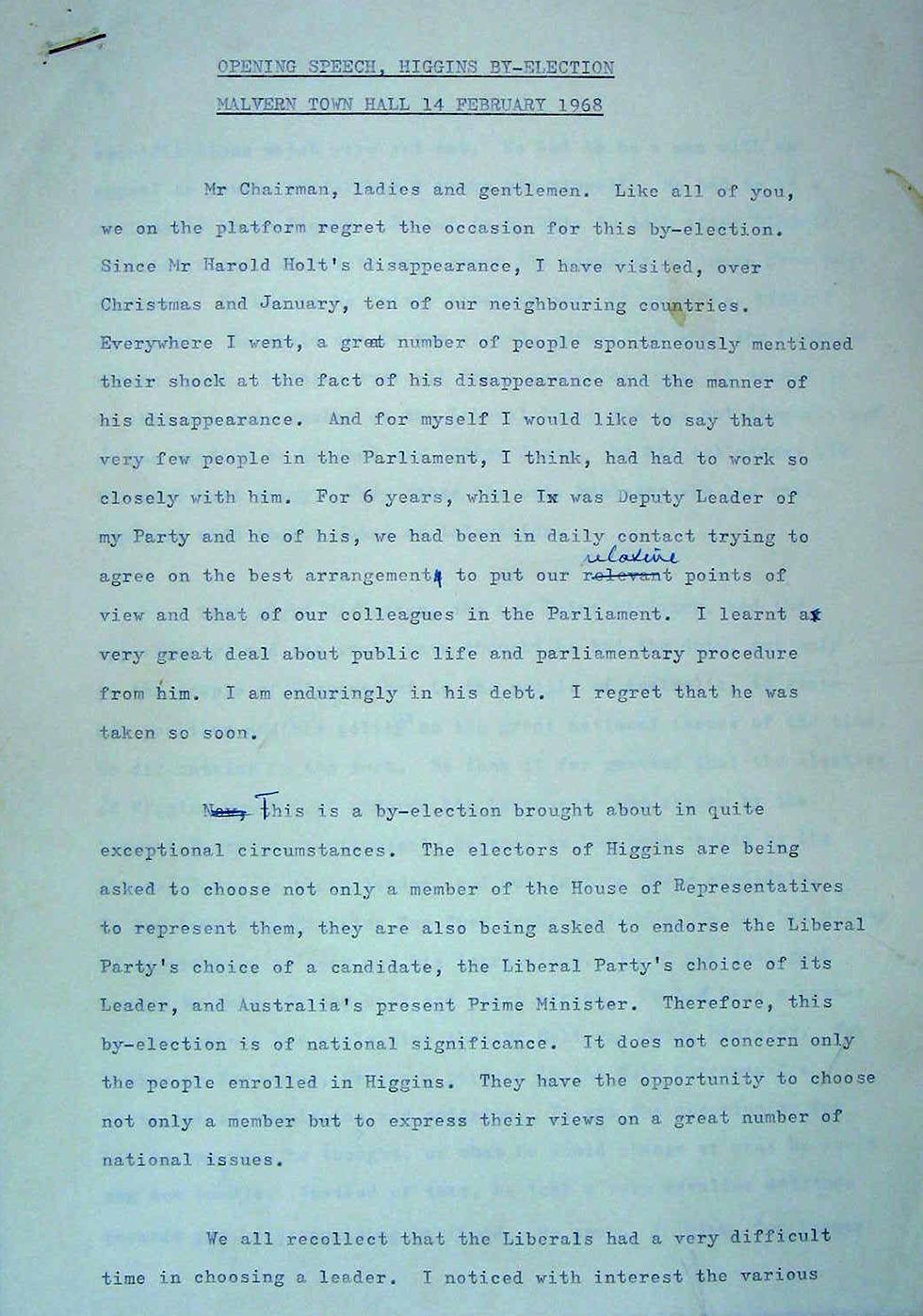 Document titled 'Opening speech, Higgins by-election, Malvern Town Hall 14 February 1968'