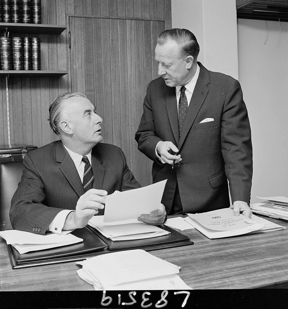 Gough Whitlam as Leader of the Opposition with his deputy, Lance Barnard, at Parliament House, 1969.