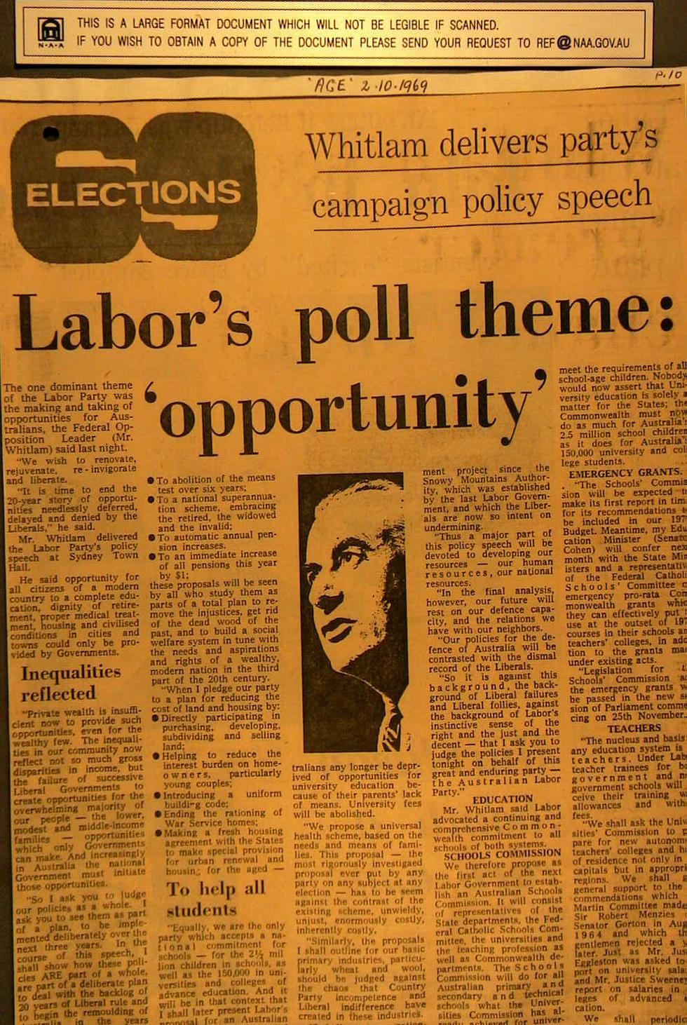 Newspaper clipping titled 'Labor's poll theme: "opportunity"'