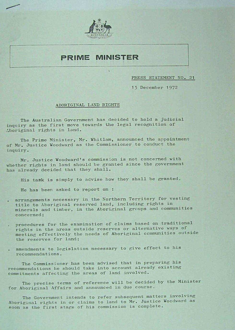 Prime ministerial press statement announcing the decision to hold an inquiry into Aboriginal land rights.