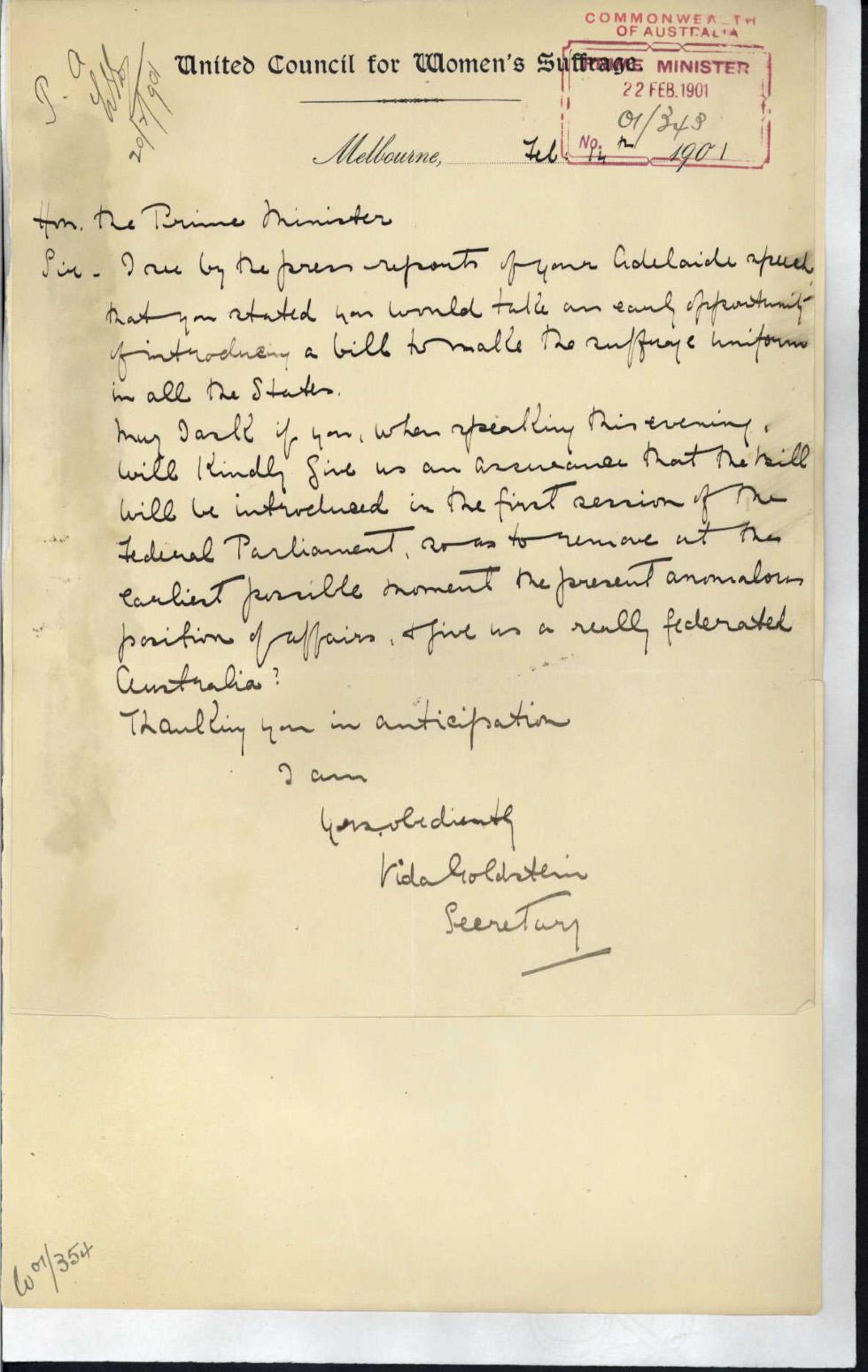 Vida Goldstein's petition to Edmund Barton, 1901