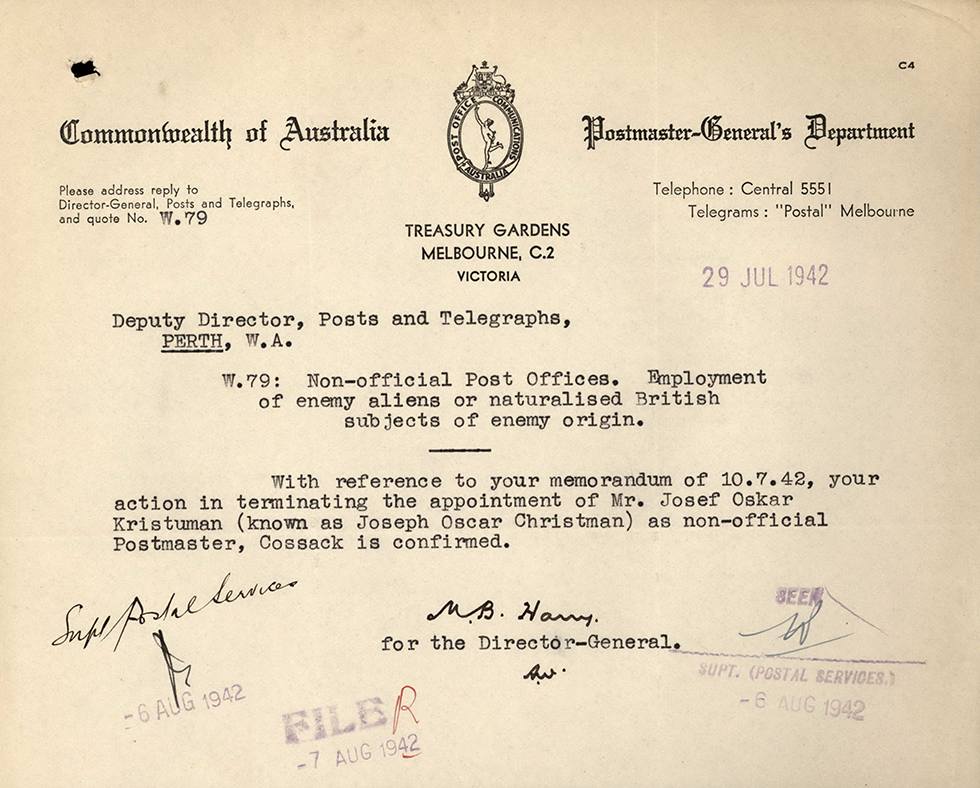 Postmaster-General's Department on employment of enemy aliens at non-official post offices