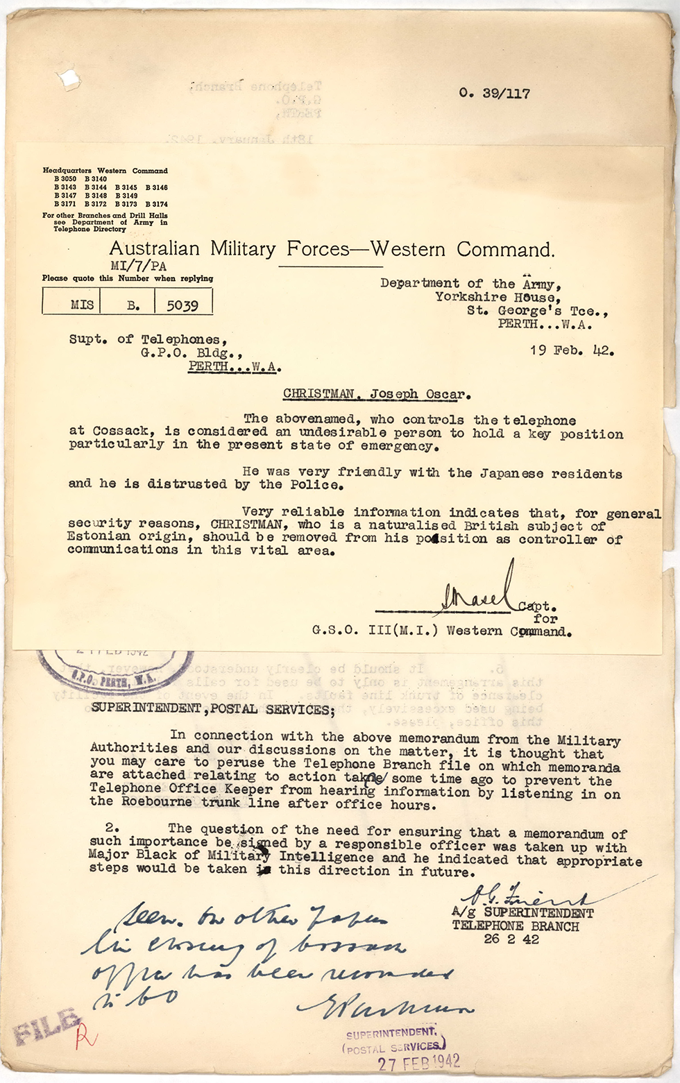 Letter from Australian Military Forces Western Command on Joseph Oscar Christman