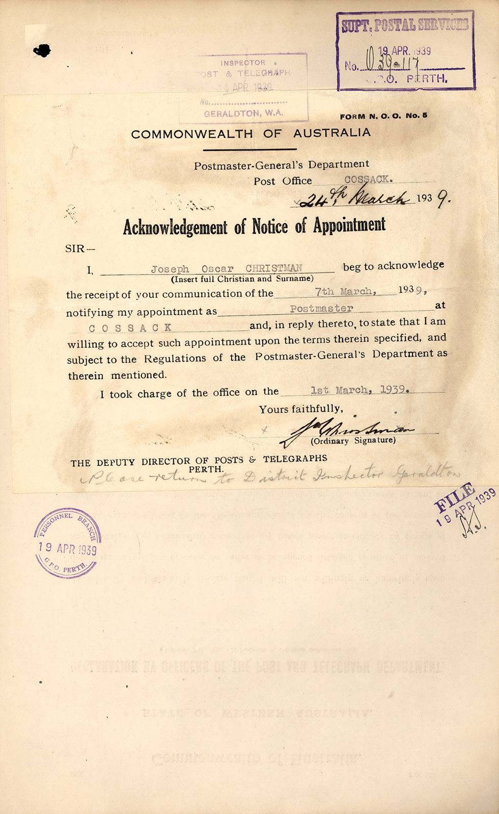 Joseph Oscar Christman's acceptance of appointment.