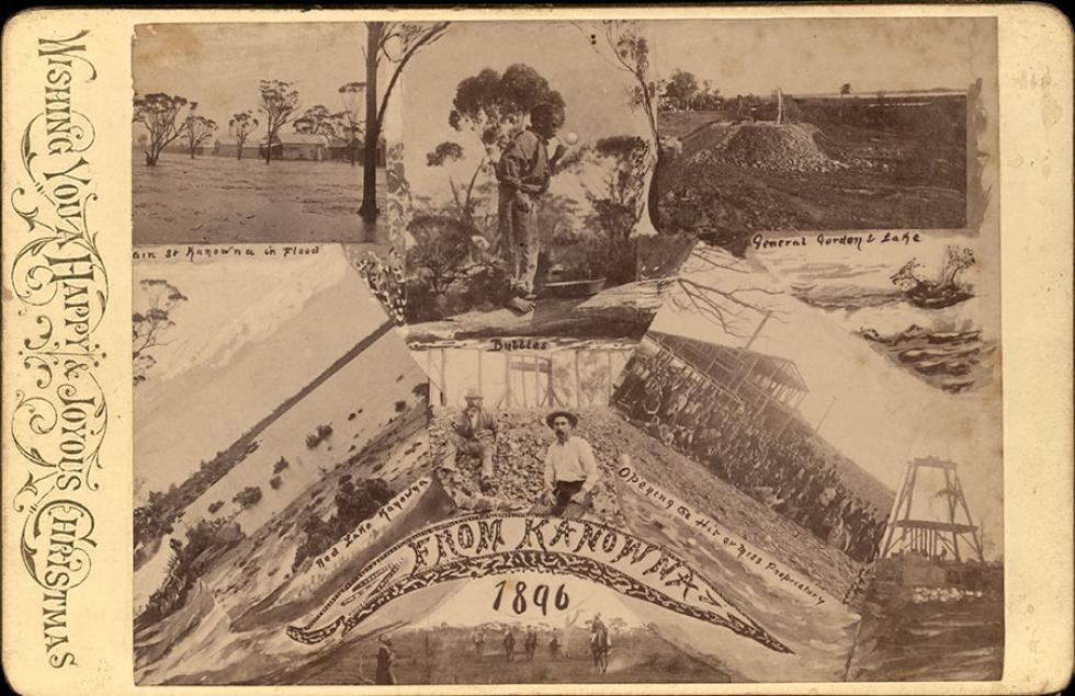 Post card picturing people, landscape, water and mining.