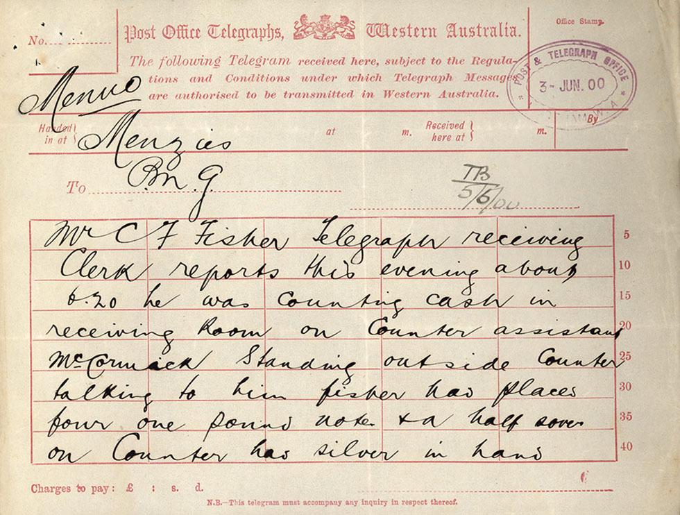 Telegraph from Menzies about robbery