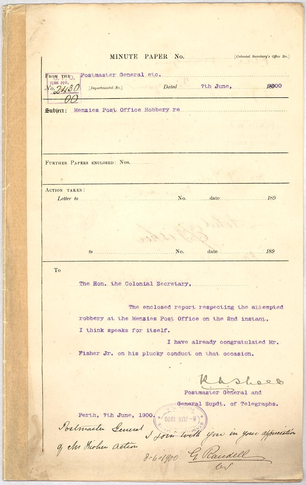 Telegraph from Menzies Post Office