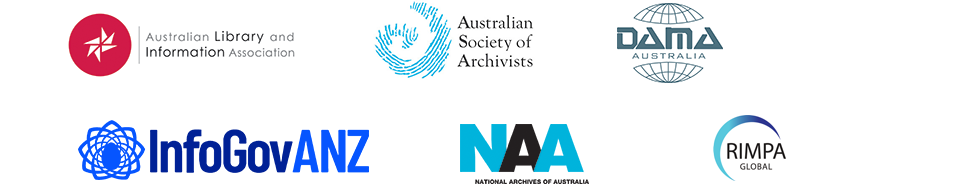 Sponsor logos for Information Awareness Month: Australian Library and Information Association, Australian Society of Archivists, DAMA Australia, InfoGovANZ, National Archives of Australia and RIMPA Global. 