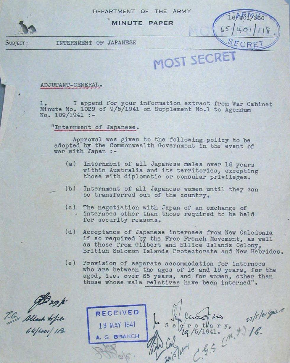 Department of the Army Minute Paper on the Subject of internment of Japanese.