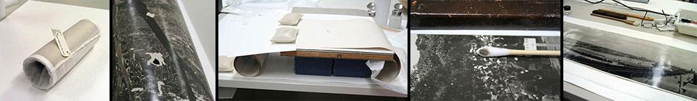Preservation of rolled panoramic photographic prints, from careful unrolling, repairing insect damage, removing dirt and ready for digitisation.