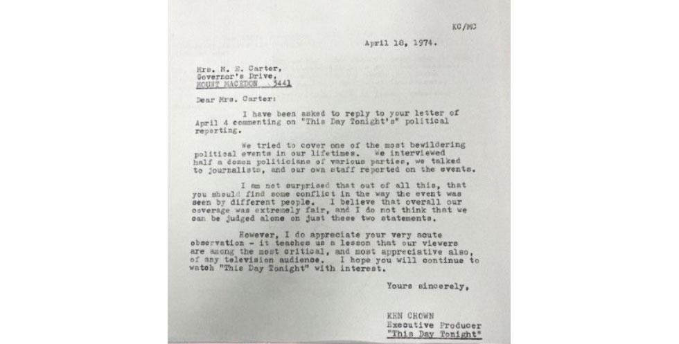 Letter to Bill [Peach]? from Anonymous complementing him on This Day Tonight journalism.