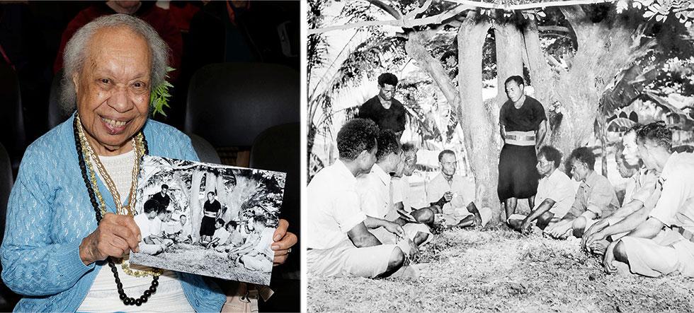 Mrs HanneDietz and a black and white photo of men gathered beneath a large tree