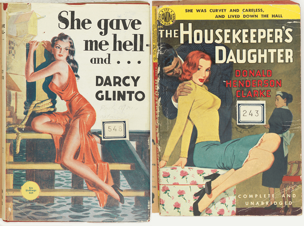 Book covers: She gave me hell and ... by Darcy Glinto, and The Housekeeper's Daughter by Donald Henderson Clarke.