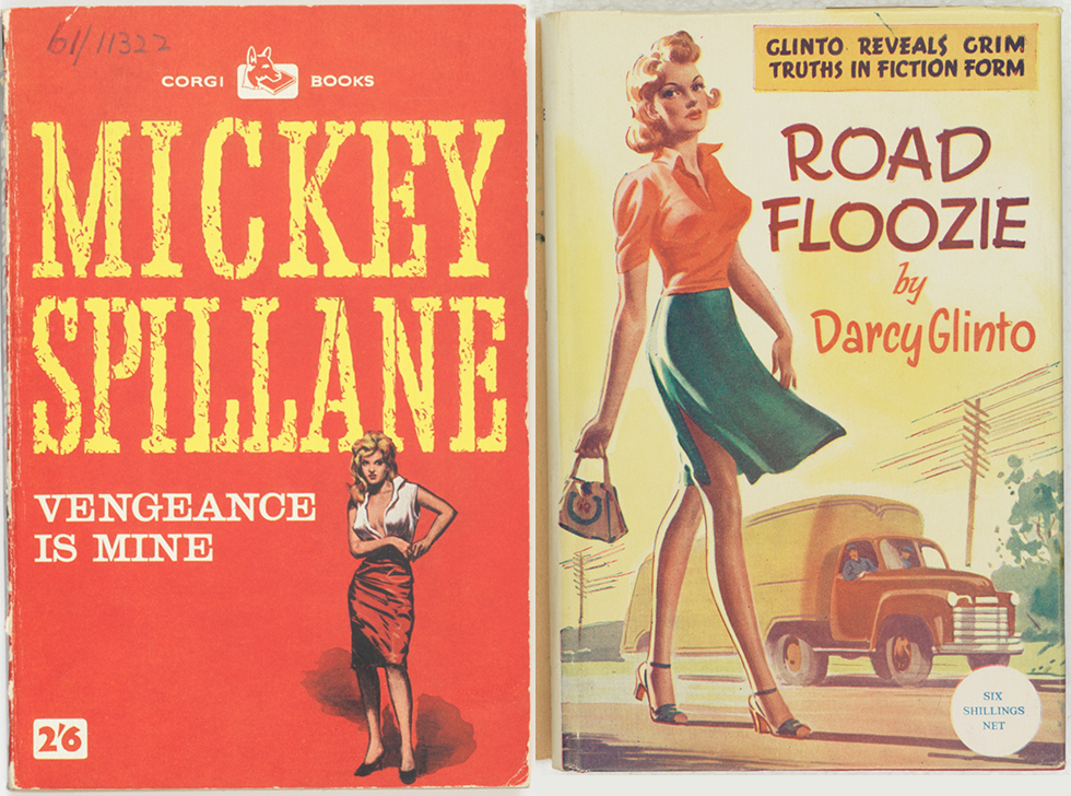 Book covers: Vengeance is mine by Mickey Spillane, and Road Floozie by Darcy Glinto. 