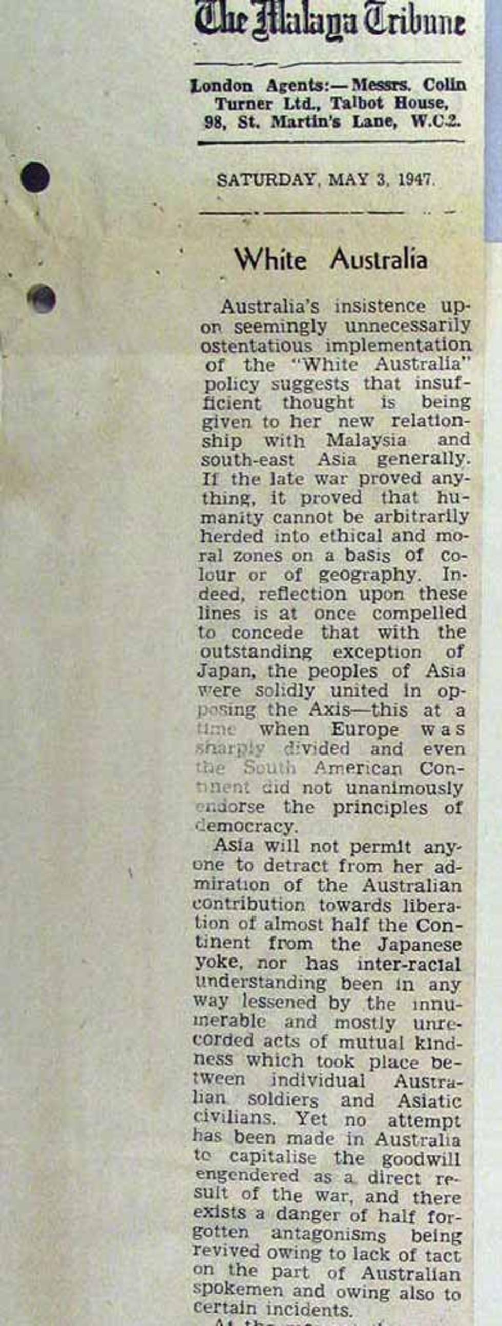 This is a newspaper article about the White Australia Policy.