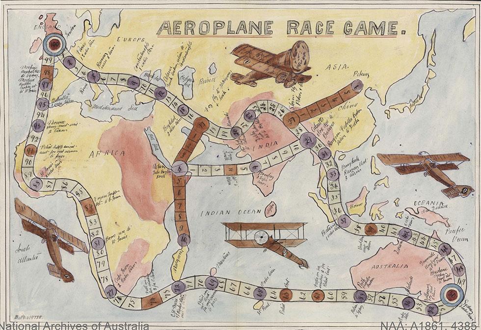 Map of Australia, Africa, UK and Asia featuring 4 biplanes.