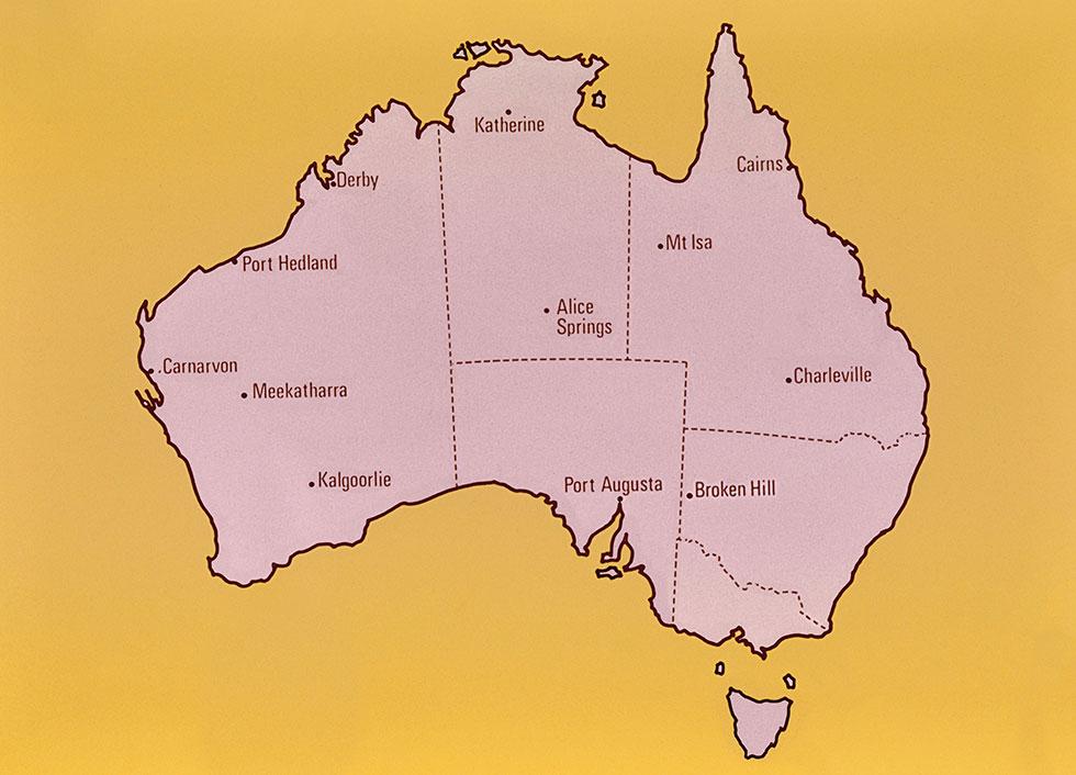 Map of Australia showing Schools of the air at: Broken Hill; Port Augusta; Charleville; Mt Isa; Cairns; Alice Springs; Katherine; Derby; Port Headland; Carnarivon; Meekatharra and Kalgoorlie.