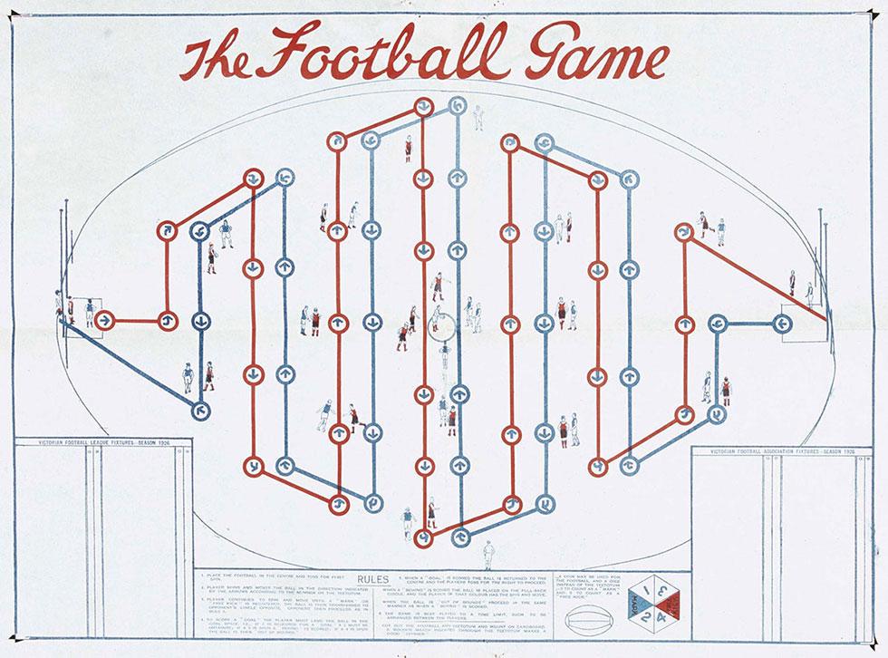 The football game, illustrated with players and positions joined by red and blue lines