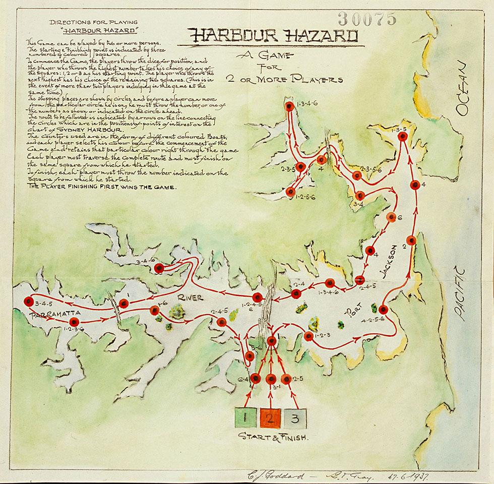 Game for 3 players with instructions and a map showing a course around Port Jackson and the Paramatta River