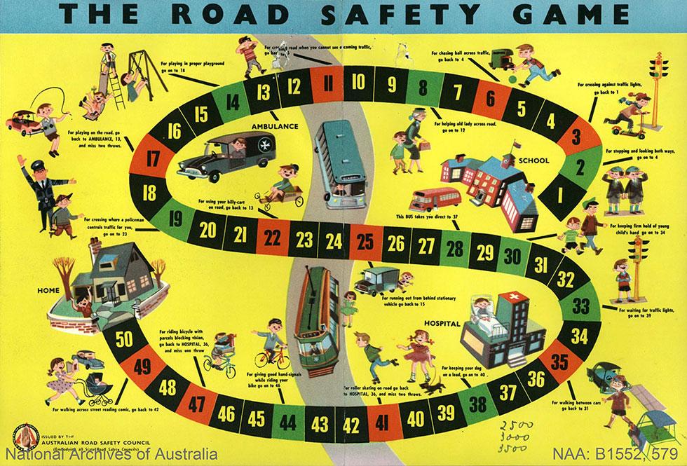 Colourful game board with S-shaped game path illustrating safety scenarios with people, vehicles and buildings