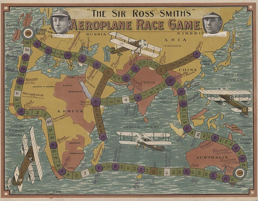 Map of Australia, Africa, UK and Asia featuring biplanes.