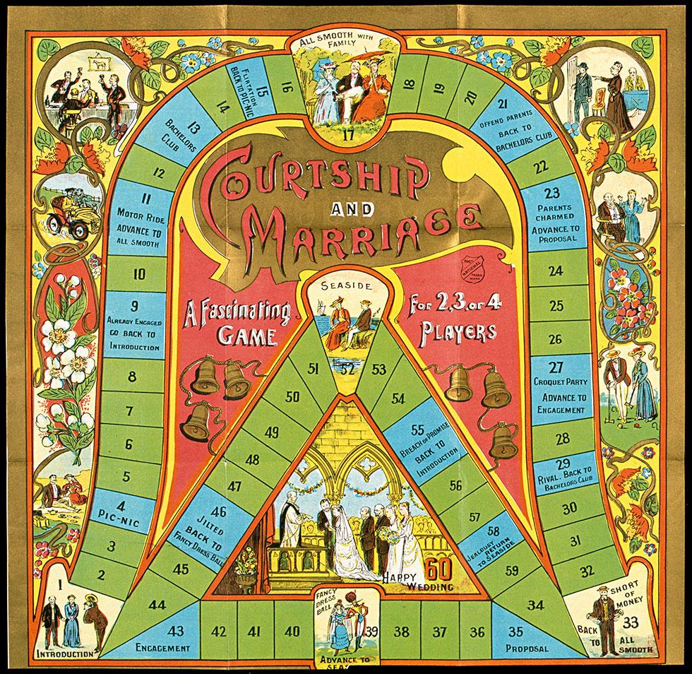 Courtship and marriage illustrated boardgame coloured gold, red, green and blue.